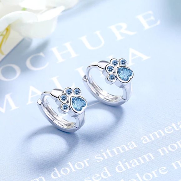 Jewelry - NEW Silver Blue Cute Cat Paw Hoop Earrings